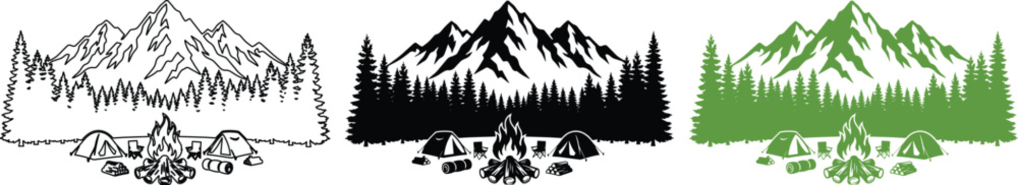 Mountain landscape vector set, three distinct styles of rugged peaks and pine forests, ideal for outdoor adventure branding, camping, and nature-themed designs.