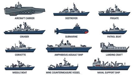 Labeled navy ships and technical naval support vessels. © Dias