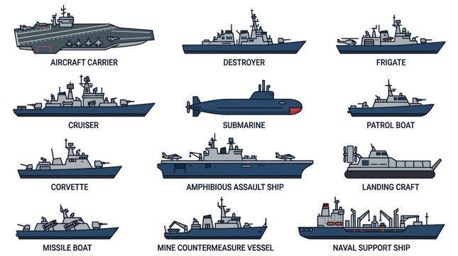 Labeled navy ships and technical naval support vessels.