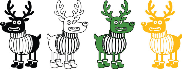 Funny Reindeer Cartoon Vector Set, four quirky Christmas reindeer characters in sweaters and boots, festive holiday animal illustration for seasonal designs and children's projects © Farzana