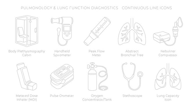 Pulmonology and lung function diagnostics icons, 10 continuous line medical vector elements, respiratory health equipment and bronchial tree symbols