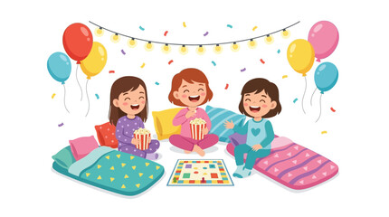 Three cheerful cartoon girls enjoying fun indoor sleepover party celebration
