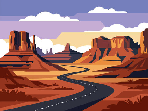 Winding desert road vector illustration with red rock buttes and mesas.