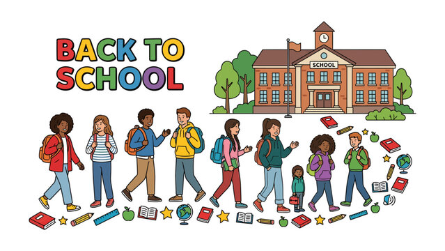 Back to School Adventure: A vibrant illustration depicts diverse students, laden with backpacks, embarking on their educational journey towards a classic school building.