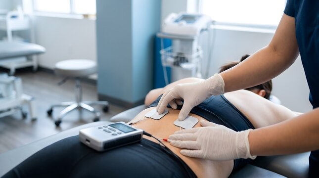 Physical therapist placing TENS electrodes on female patient lower back for electrical stimulation therapy