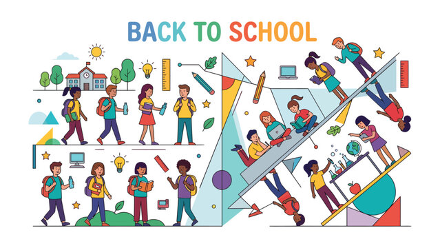 Back to School Adventures: A vibrant illustration depicting students embarking on their educational journey, showcasing diverse activities from learning to exploration.