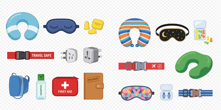 Set of essential travel accessories for a comfortable and safe journey, including neck pillows, eye masks, and first aid kit.