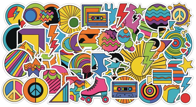 Retro 70s Style Sticker Collection: Sun, Peace, Roller Skates, Cassettes