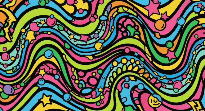 Psychedelic Pattern: Swirling Waves, Stars, and Bubbles in Vibrant Colors