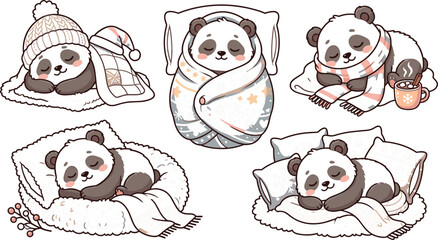 Cute cozy winter panda bears vector sticker set featuring sleepy pandas swaddled in blankets wearing knit hats and scarves for seasonal kids design © Protima
