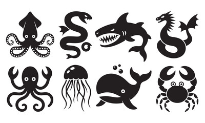 Obraz premium Collection of black silhouettes featuring various sea creatures including an octopus, a shark, a jellyfish, a whale, a crab, a sea serpent, and a squid on a white background