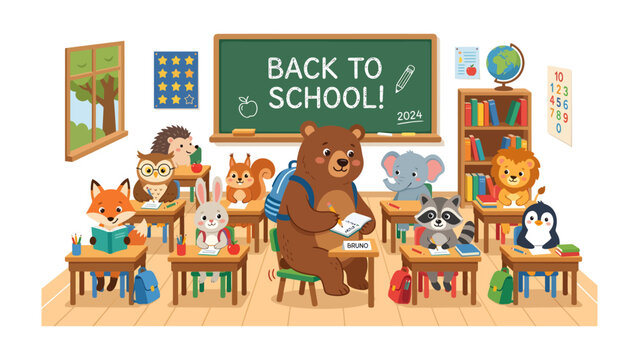Back to School Animals: A whimsical classroom scene where adorable woodland animals, from a wise bear teacher to eager student foxes and owls, enthusiastically embrace the start of the school year.