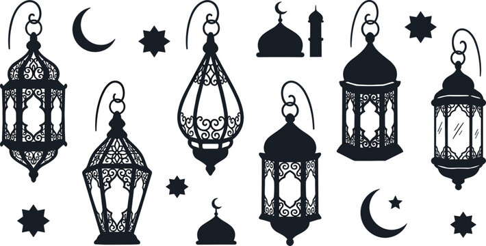 Islamic Ramadan lantern silhouette set with traditional Arabic fanous and mosque elements vector