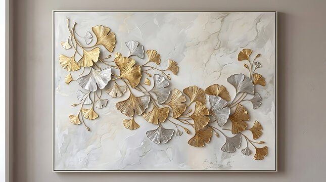 Elegant gold, silver leaf art on marble, luxury home decor, metallic floral wall hanging