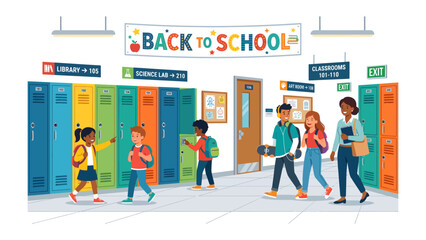 Back to School Hallway: A vibrant school hallway buzzes with activity as diverse students, bags in tow, return to learning, greeted by colorful lockers and an encouraging Back to School banner. © Karima