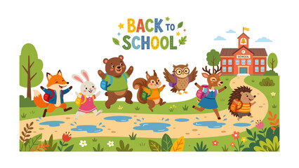 Naklejka premium Back to School Animals: A vibrant illustration depicts a joyful procession of anthropomorphic forest animals, including a fox, rabbit, bear, squirrel, owl, deer, and hedgehog.