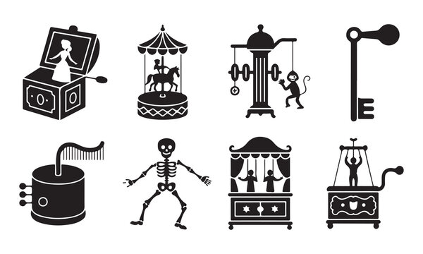 Collection of eight black depicting vintage toys and carnival attractions including a jack in the box, carousel, monkey toy, skeleton, and puppet theater