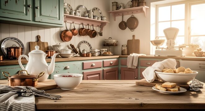Empty rustic wooden table foreground in a vintage farmhouse kitchen featuring copper cookware, white ceramic teapot, bowl of berries, and morning sunlight streaming through a window.