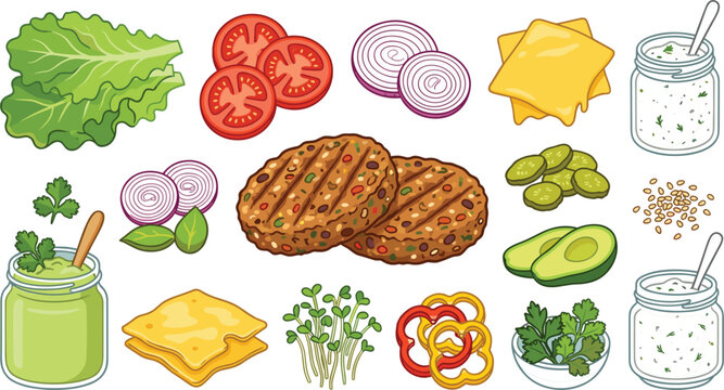 Deconstructed vegan veggie burger ingredients vector illustration set featuring plant based patties cheese lettuce avocado tomato and sauces for vegetarian restaurant menu design