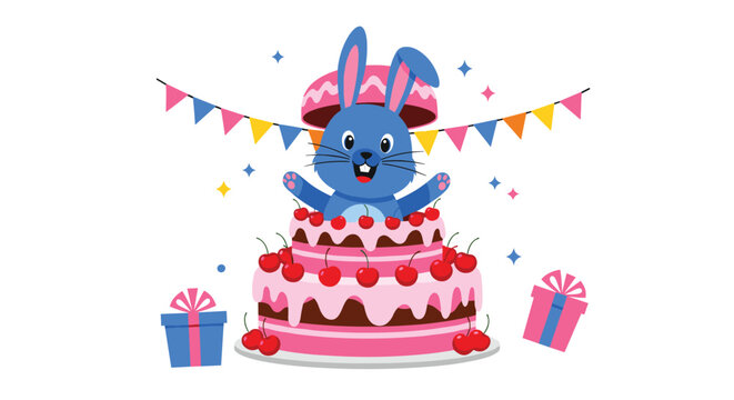 Joyful blue bunny rabbit pops out of a large two-tier pink cherry cake surrounded by party decorations and gifts.