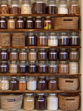 Neatly organized kitchen pantry shelving with labeled glass jars and woven baskets holding dry goods for home organization and healthy living