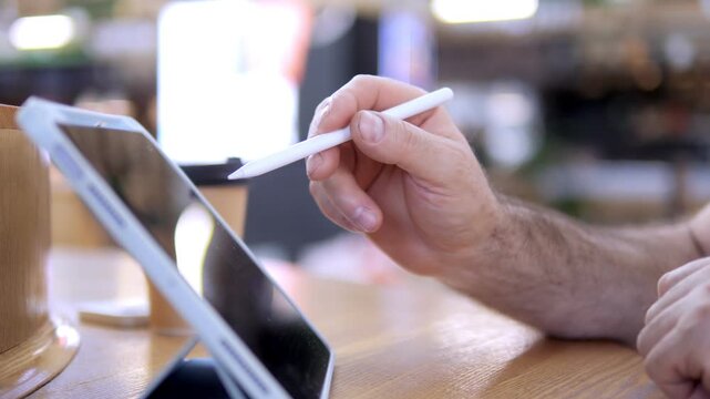 Hand holds stylus over tablet screen. Person focused on creative work. Scene set in bright cafe with wooden table. Ideal for digital art, design, or remote work projects