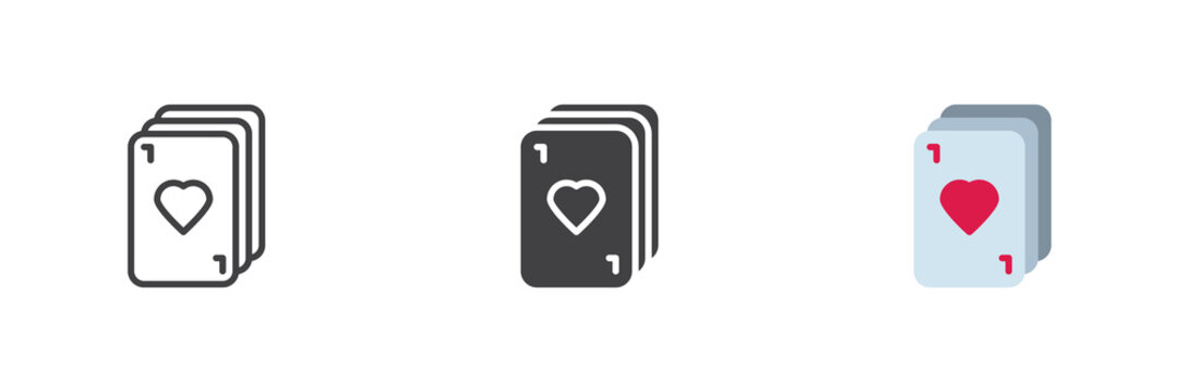Playing cards icon in line, solid and flat style icon set. Color and colorful vector sign, symbol for card game, poker deck and heart cards icon.