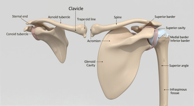 Human shoulder anatomy detailed labeled scapula and clavicle bones structure skeletal system medical educational diagram healthcare and medicine concept
