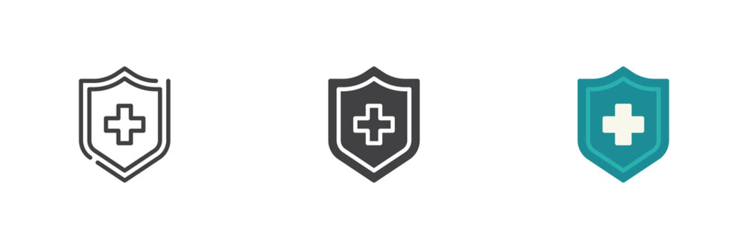 Protection shield icon set shows shield with medical cross in line, solid, flat colorful icon styles. Color vector sign and safety symbol for game protection.