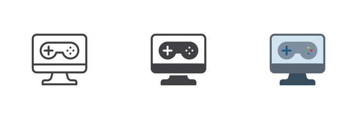PC game controller icon set shows monitor with gamepad in line, solid, flat colorful icon styles. Color vector sign and arcade symbol for online gaming. © alekseyvanin