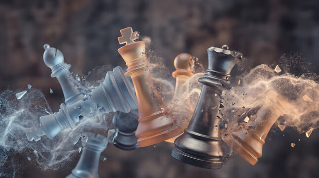 Dynamic Collision of Chess Pieces Exploding with Smoke and Shards in Midair