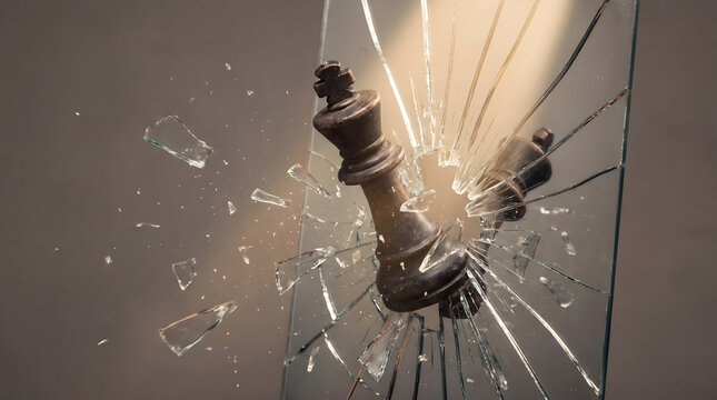 Conceptual Wooden Chess King Shattering and Breaking Through a Sheet of Glass