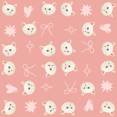 Obraz premium Cute White Cat Head with Pink Nose Whiskers Ribbon Hearts and Stars on Soft Pink Background Vector Illustration