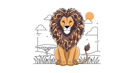 Proud male lion with a detailed mane sits in a stylized savanna landscape featuring acacia trees and a bright orange sun.