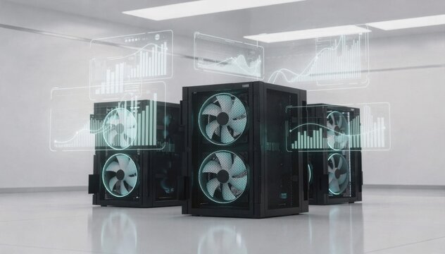 Minimal tech dashboard featuring cooling fans and dynamic energy metrics hovering over server stacks highlighted by subtle bluegreen accents in highkey lighting