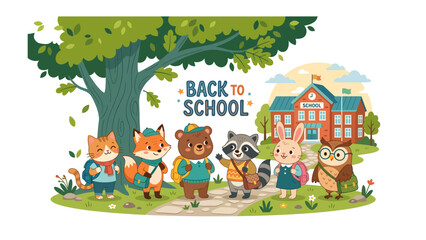 Fototapeta premium Back to School Animals: Adorable cartoon animals, including a cat, fox, bear, raccoon, rabbit, and owl, gather joyfully outside a school building, ready for the new academic year.