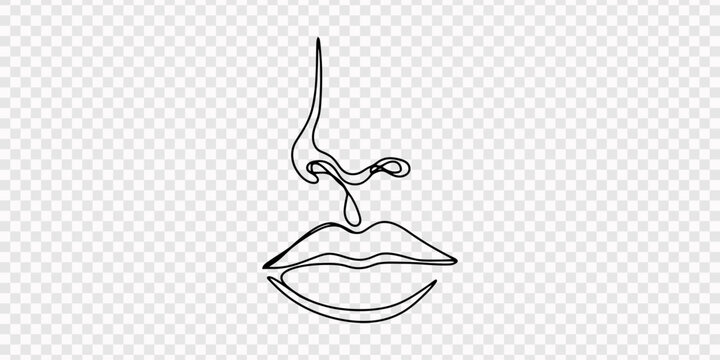 Minimalist woman's nose and lips   continuous line art beauty portrait, Minimalist continuous one line drawing of sad crying female face with teardrop abstract portrait vector