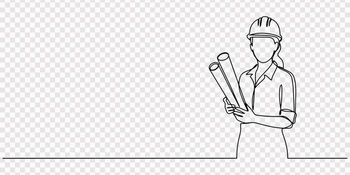 worker women continuous one line drawing, Single continuous line drawing of young female architect holding blueprint paper pose cross arms. Professional work job occupation. one line Icon drawing