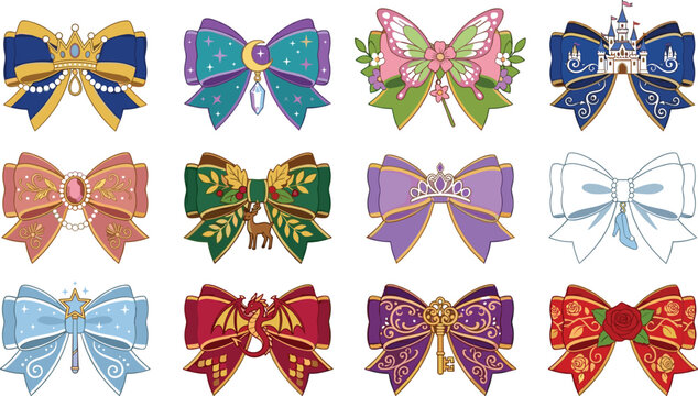 Elegant fantasy fairytale princess ribbon bow vector illustration set featuring castle crown dragon and key graphics for birthday invitation design