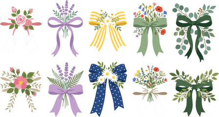 Elegant floral ribbon bow vector set featuring lavender daisies roses wildflowers and eucalyptus leaves for romantic wedding invitation card designs © Protima