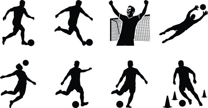 Dynamic soccer player silhouettes in action, football training drills, kicking, dribbling, goal celebration, goalkeeper save, sports motion concept, athletic teamwork illustration, black vector design