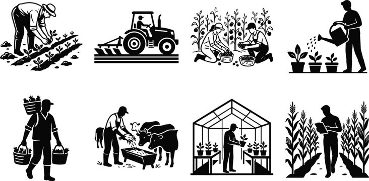 Silhouette collection of farming activities, agriculture work, planting, harvesting, watering, greenhouse gardening, livestock feeding, tractor farming, crop inspection, sustainable agriculture illust
