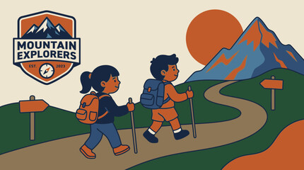 Fototapeta premium Young adventurers embarking on an exciting mountain exploration journey, hiking through scenic landscapes with backpacks and trekking poles under a vibrant sun