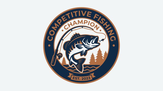 Vector emblem celebrating an angling competition victor, featuring a powerful bass fish caught on a rod, set against a forest backdrop, ideal for sporting achievement and awards