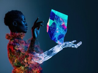 Obraz premium A vibrant prismatic crystal floats above a glowing prosthetic hand of a young woman for future technology and digital identity advertising
