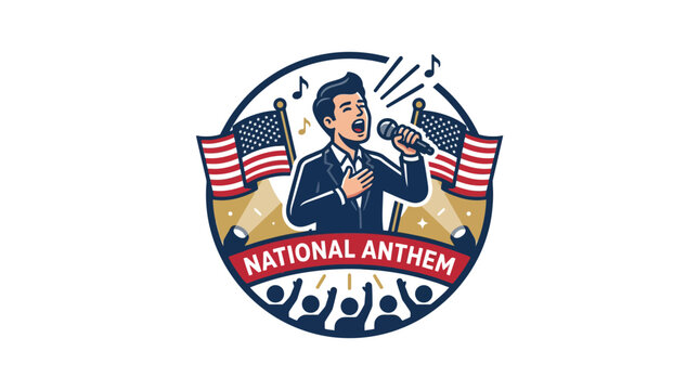 Patriotic man singing national anthem with US flags and crowd