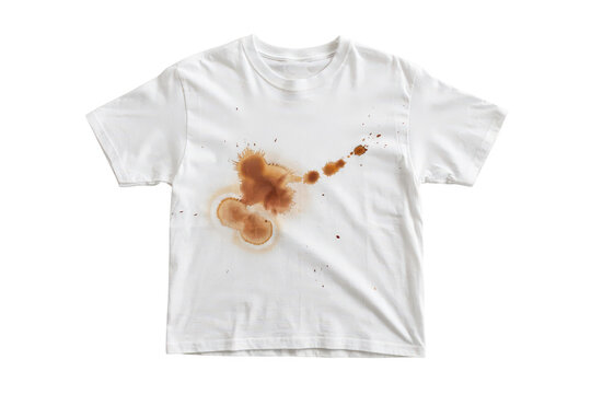 White t-shirt with a large brown coffee stain on the chest, isolated on a white background, showing a messy accidental liquid spill pattern