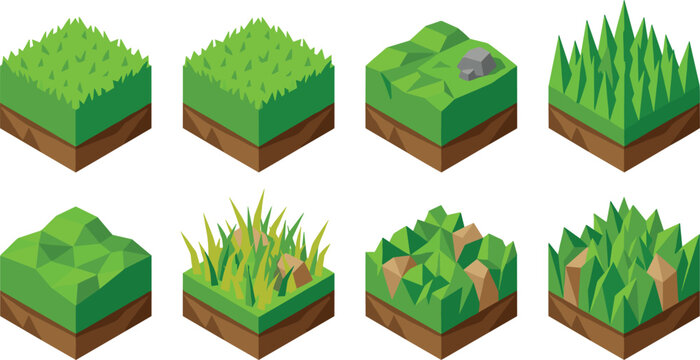 Low Poly Isometric Green Grass Tile Set with Rocks Hills and Meadow Blocks for 3D Styling Video Game Map Environment Level Design
