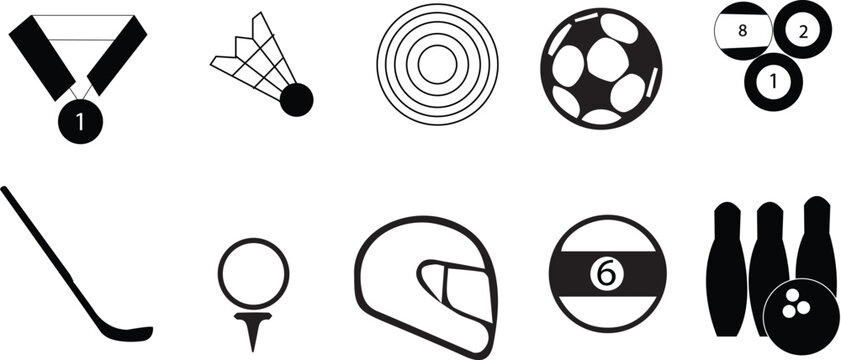 Sports equipment icons set with soccer ball bowling golf helmet badminton shuttlecock target medal and billiards isolated on white background