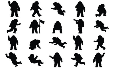 Astronaut Silhouettes Vector Set, Outer Space Cosmonaut Action Poses with Flag and Spacesuit © farheen
